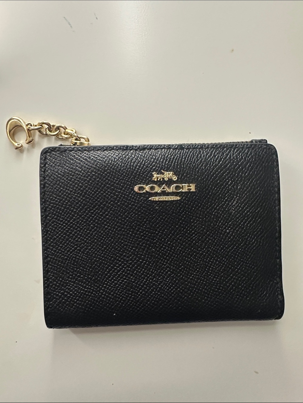 Coach Black Leather Zip Card Holder with Gold Logo & Chain